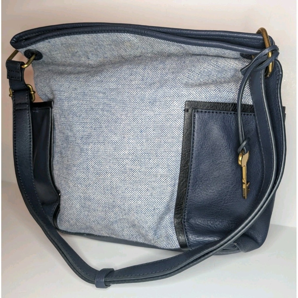 Fossil Lane Crossbody Bag-Navy White Tweed Brass Key. Side Pockets.
